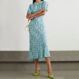 Rixo Deia Blue Ric Rac-Trimmed Ruffled Floral-Print Voile Midi Dress Small